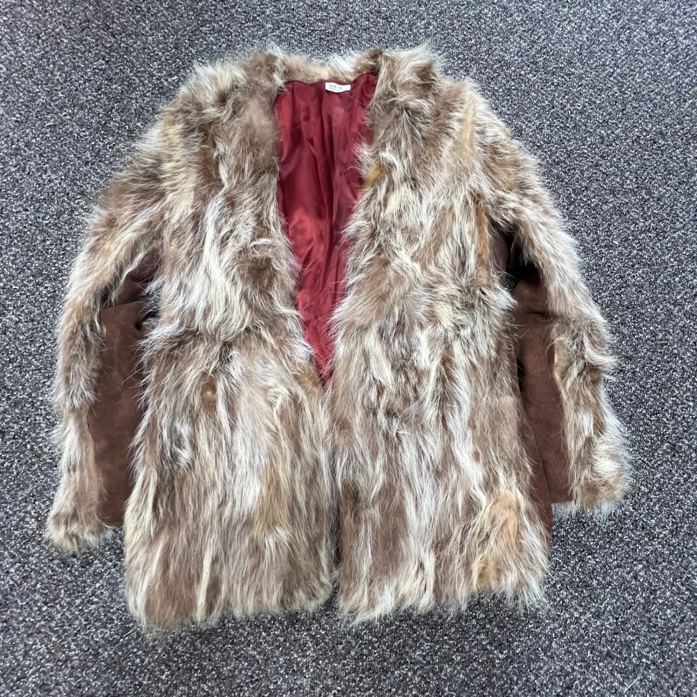 Vintage Raccoon Fur Coat Womens M Brown Suede Trim Long Hair Glam Mob Wife V89